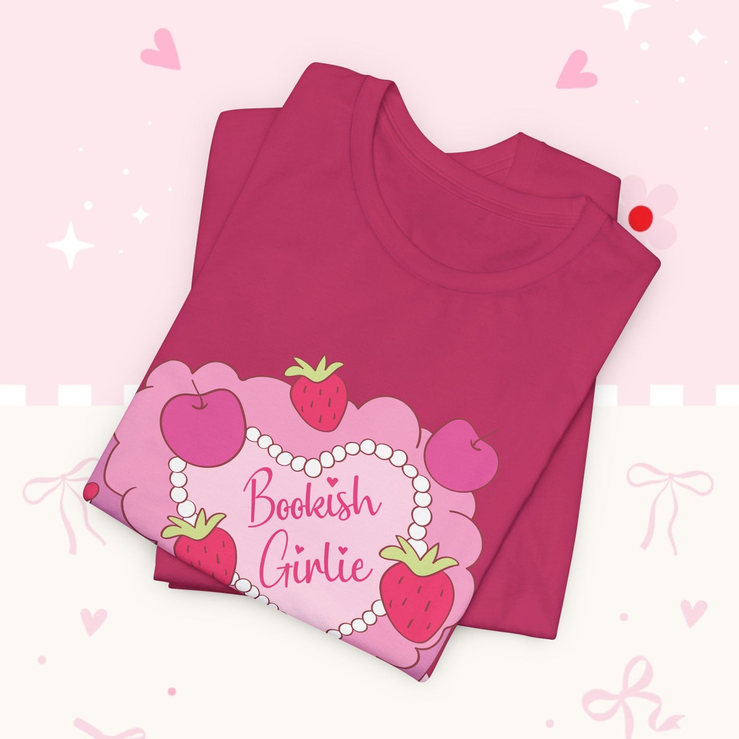 Cake Cutie Tee — “Bookish Girlie” Pink Strawberry Graphic T‑Shirt