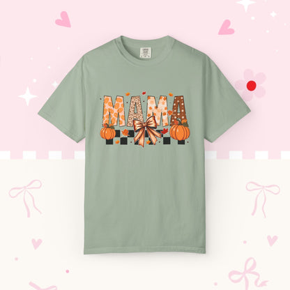 Mama Pumpkin Graphic T-Shirt — Fall Plaid Bow Shirt for Moms