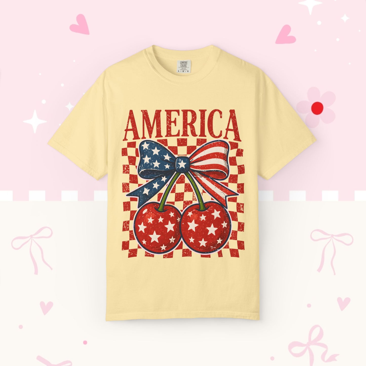 America Cherry Graphic T-Shirt — Patriotic USA Bow Design