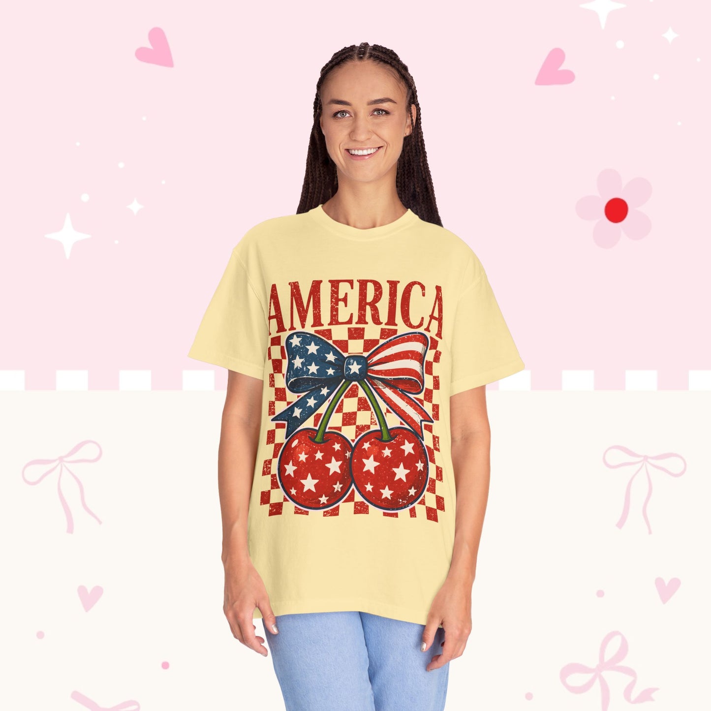 America Cherry Graphic T-Shirt — Patriotic USA Bow Design