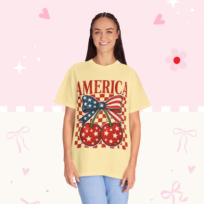 America Cherry Graphic T-Shirt — Patriotic USA Bow Design