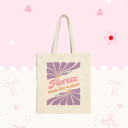 Florece Tote Bag – "Florece donde Dios te planta" Floral Canvas Market Bag