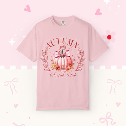 Autumn Girls’ Social Club Graphic T-Shirt — Pink Pumpkin Fall Tee