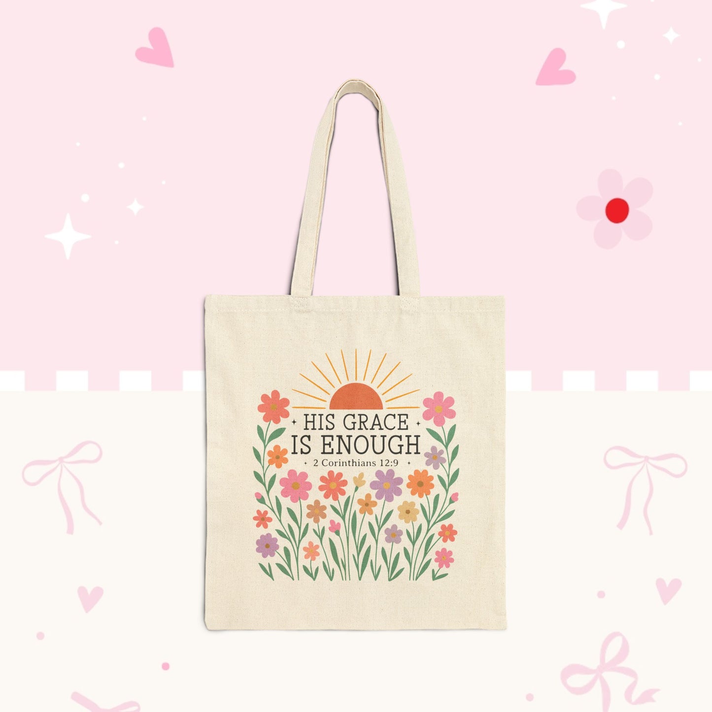 Tote Bag — "His Grace Is Enough" Floral Scripture Canvas Tote