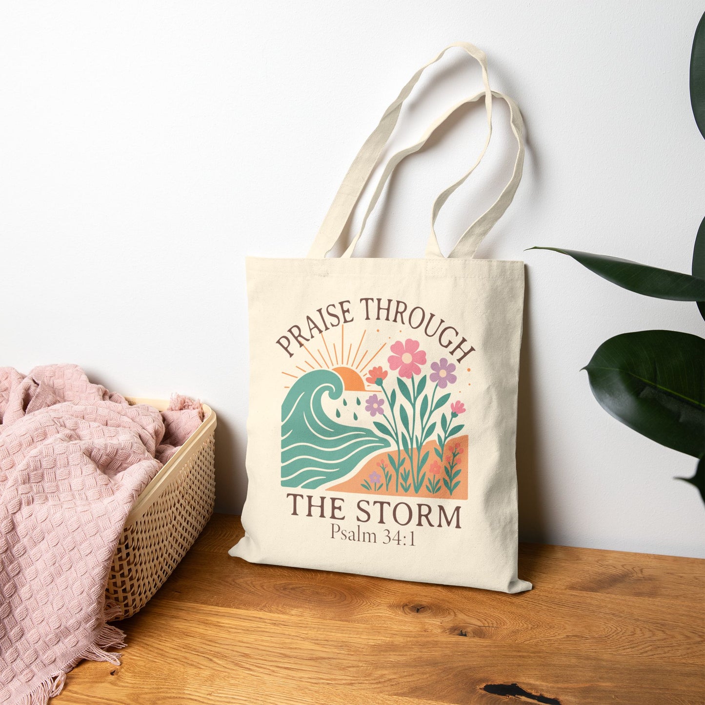 Tote — "Praise Through the Storm (Psalm 34:1)" Floral Wave Canvas Tote