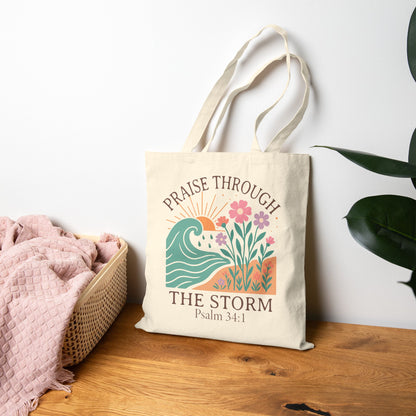 Tote — "Praise Through the Storm (Psalm 34:1)" Floral Wave Canvas Tote