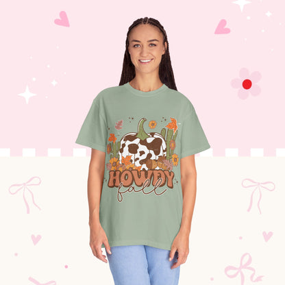 Howdy Fall T-Shirt — Cow Print Pumpkin Autumn Tee