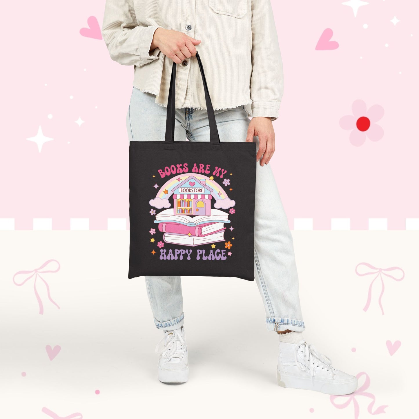 Tote Bag — "Books Are My Happy Place" Cute Bookstore Illustration