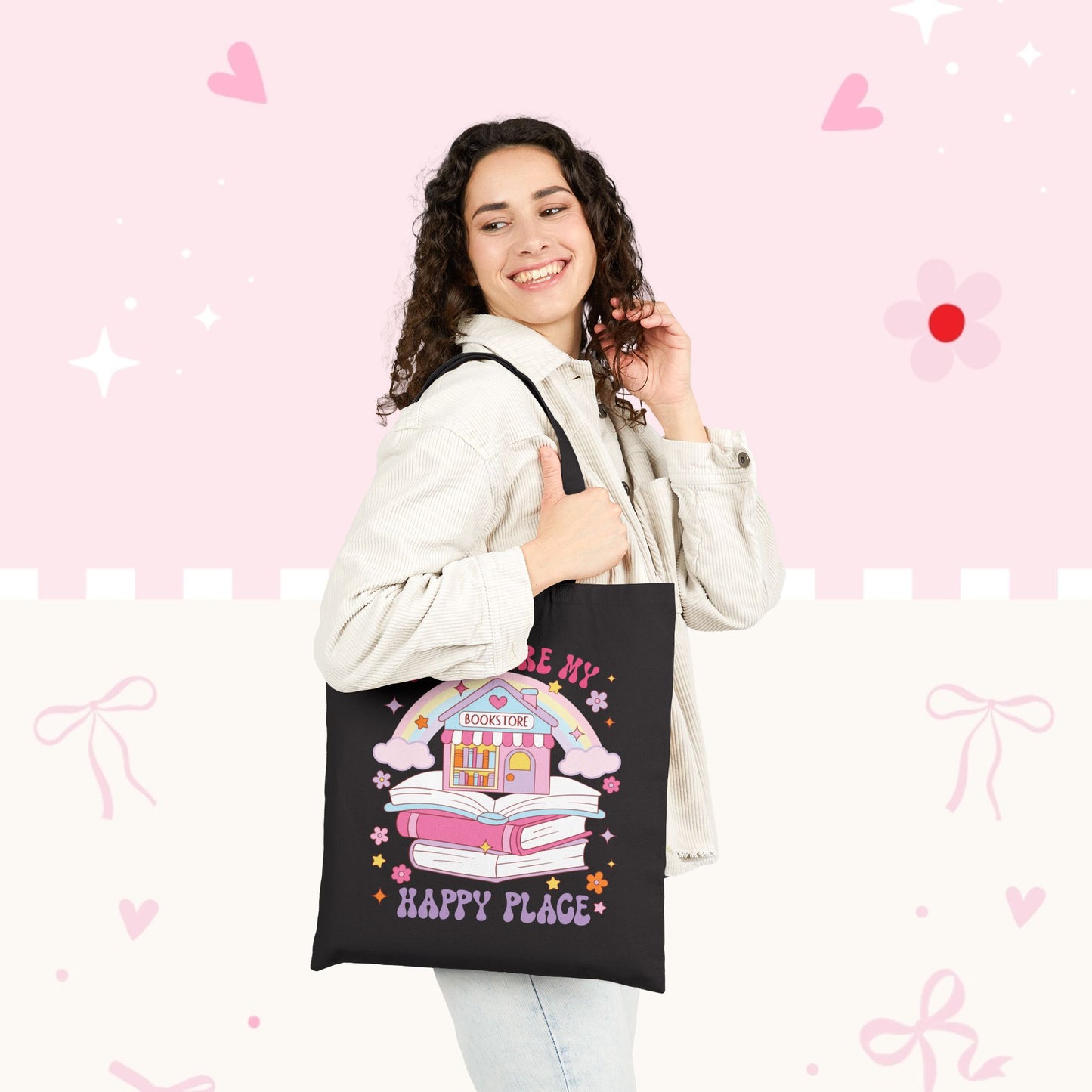 Tote Bag — "Books Are My Happy Place" Cute Bookstore Illustration