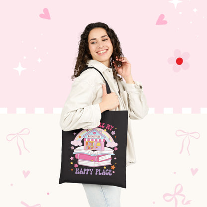 Tote Bag — "Books Are My Happy Place" Cute Bookstore Illustration