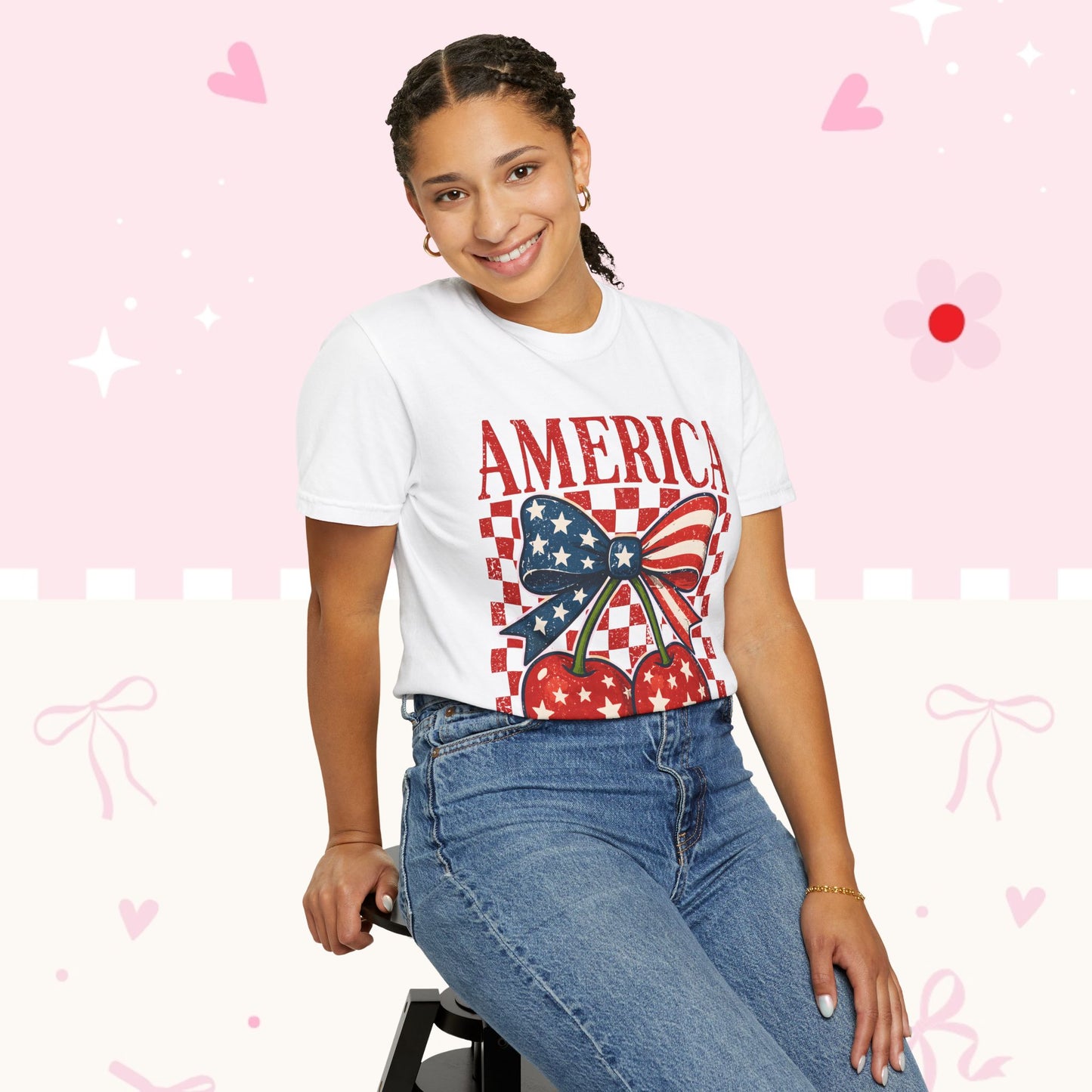 America Cherry Graphic T-Shirt — Patriotic USA Bow Design