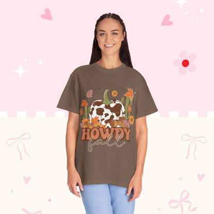 Howdy Fall T-Shirt — Cow Print Pumpkin Autumn Tee