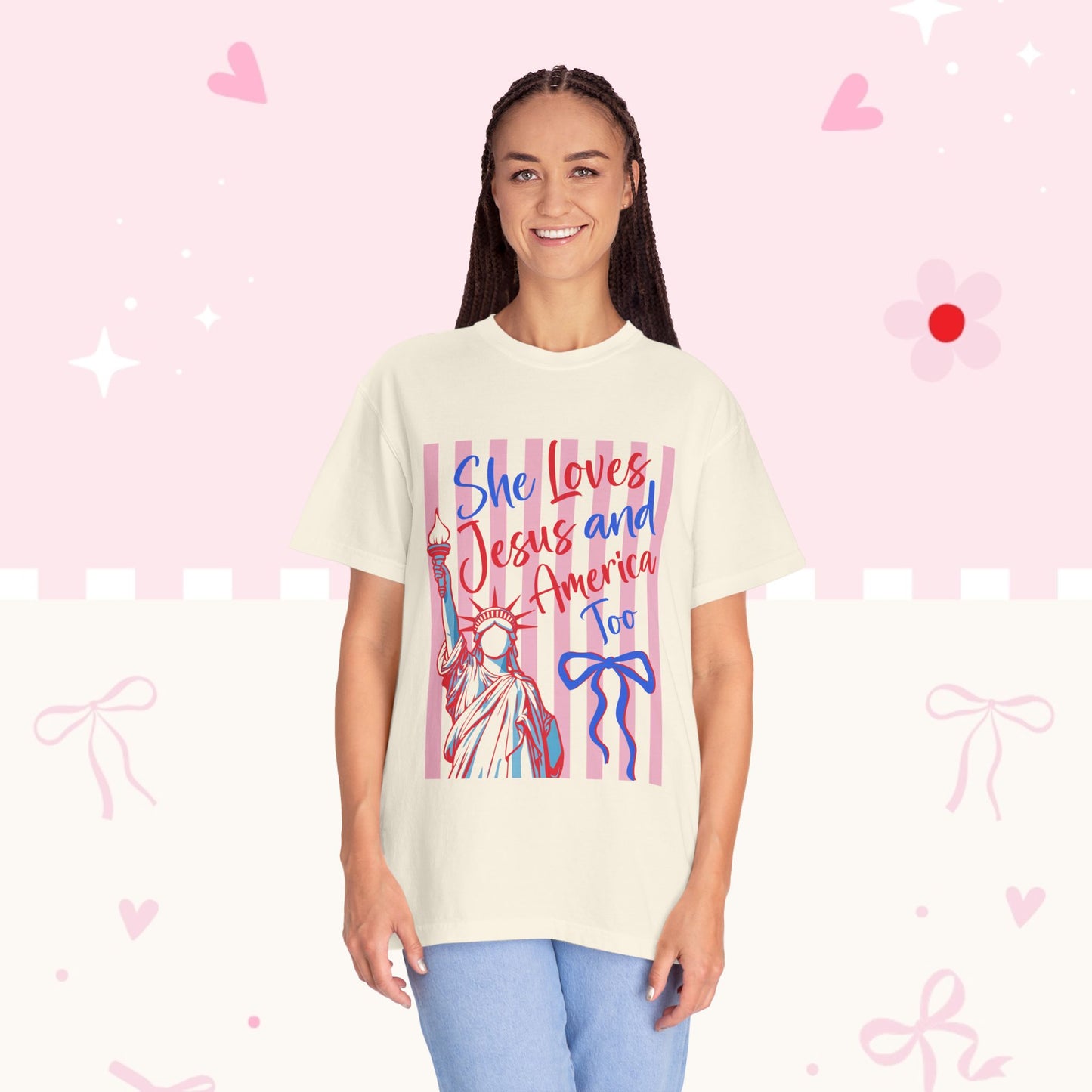 She Loves Jesus and America Too T-Shirt — Patriotic Faith Graphic Tee