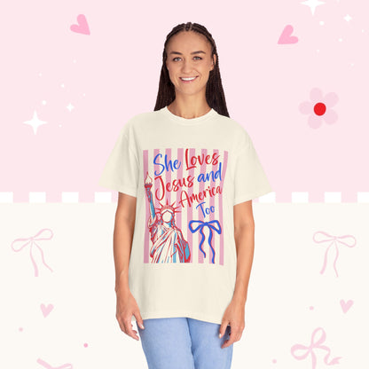 She Loves Jesus and America Too T-Shirt — Patriotic Faith Graphic Tee