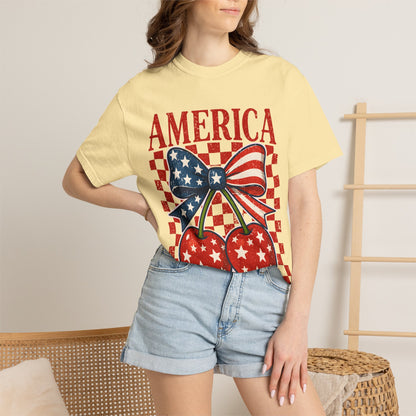 America Cherry Graphic T-Shirt — Patriotic USA Bow Design