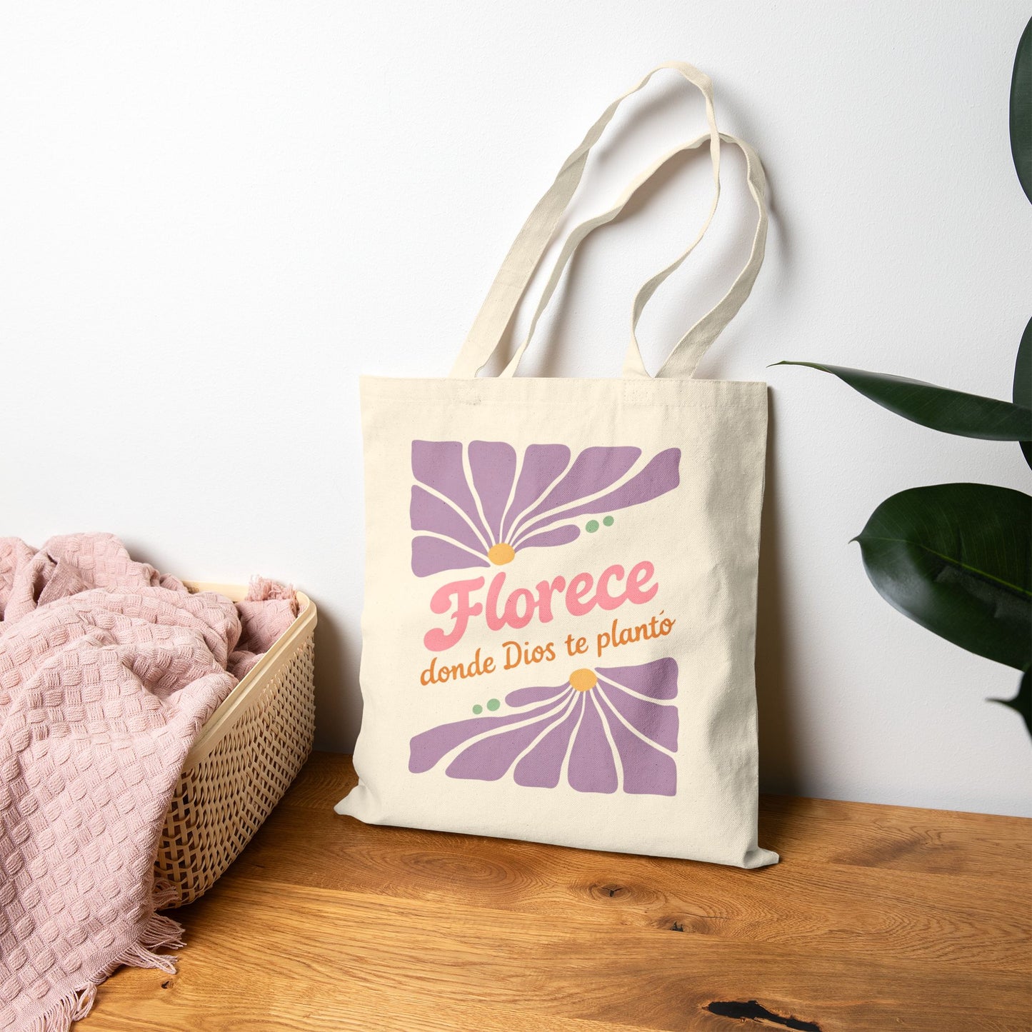 Florece Tote Bag – "Florece donde Dios te planta" Floral Canvas Market Bag