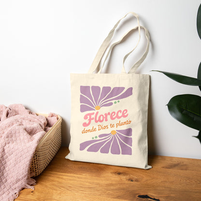 Florece Tote Bag – "Florece donde Dios te planta" Floral Canvas Market Bag