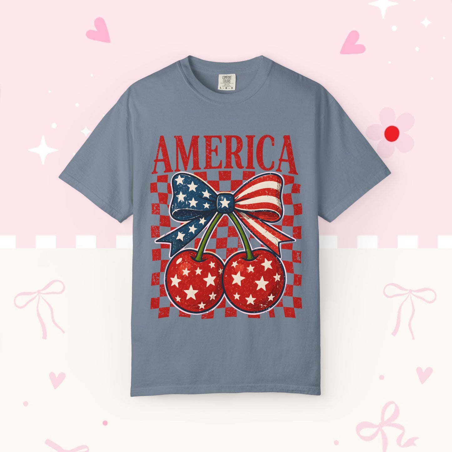 America Cherry Graphic T-Shirt — Patriotic USA Bow Design