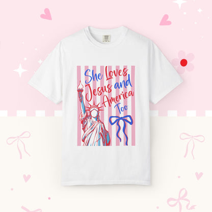 She Loves Jesus and America Too T-Shirt — Patriotic Faith Graphic Tee