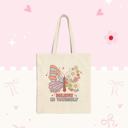 Tote Bag — "Believe In Yourself" Butterfly Floral Canvas Tote