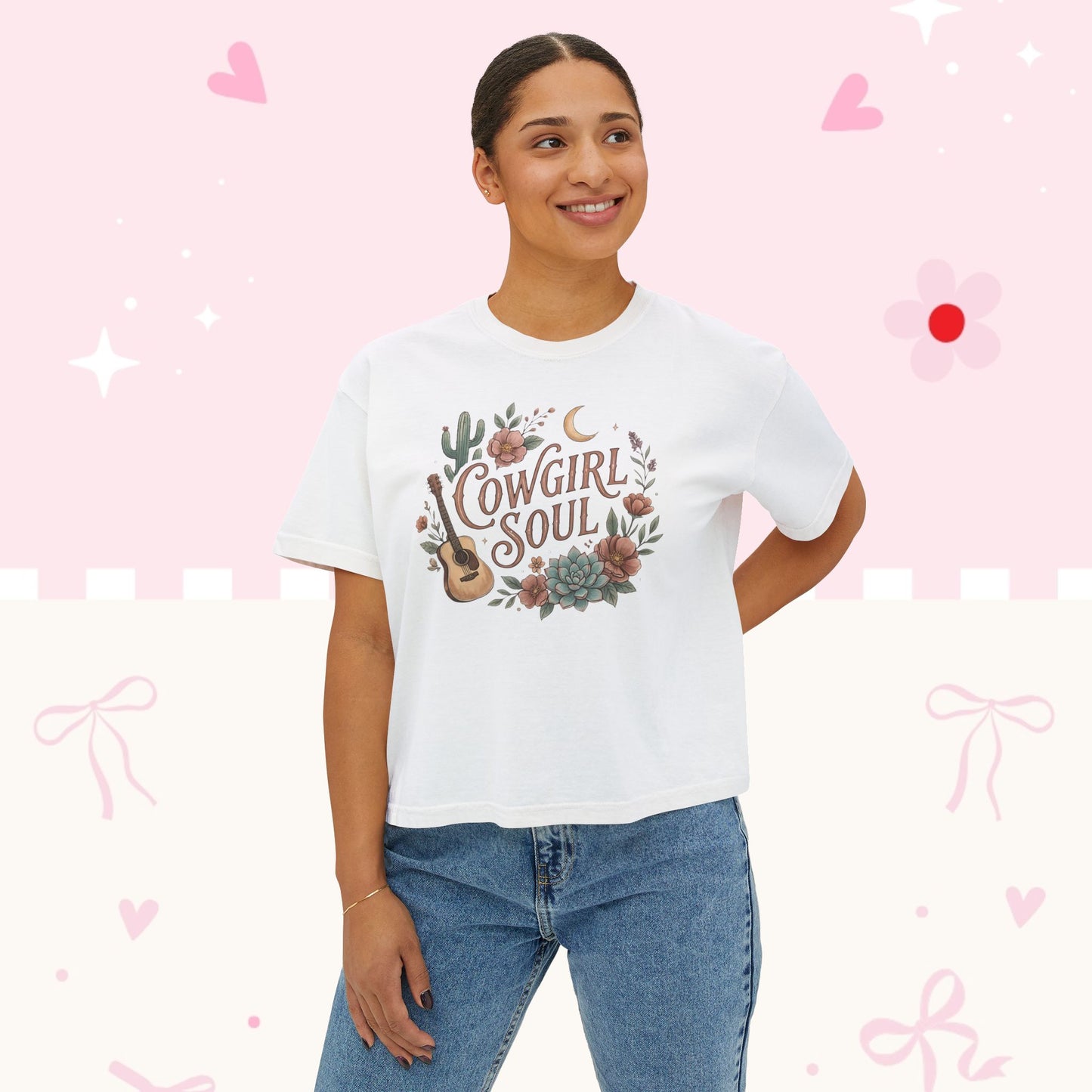 Cowgirl Soul Women's Boxy Tee — Floral Guitar Western Graphic