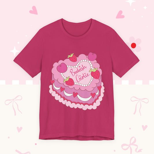 Cake Cutie Tee — “Bookish Girlie” Pink Strawberry Graphic T‑Shirt