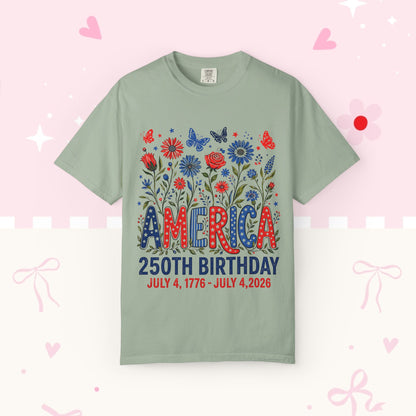 America 250th Birthday T-Shirt — July 4, 1776–2026 Patriotic Floral Tee