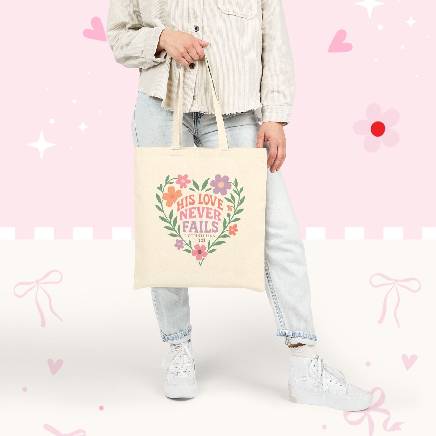 His Love Never Fails Floral Heart Tote Bag