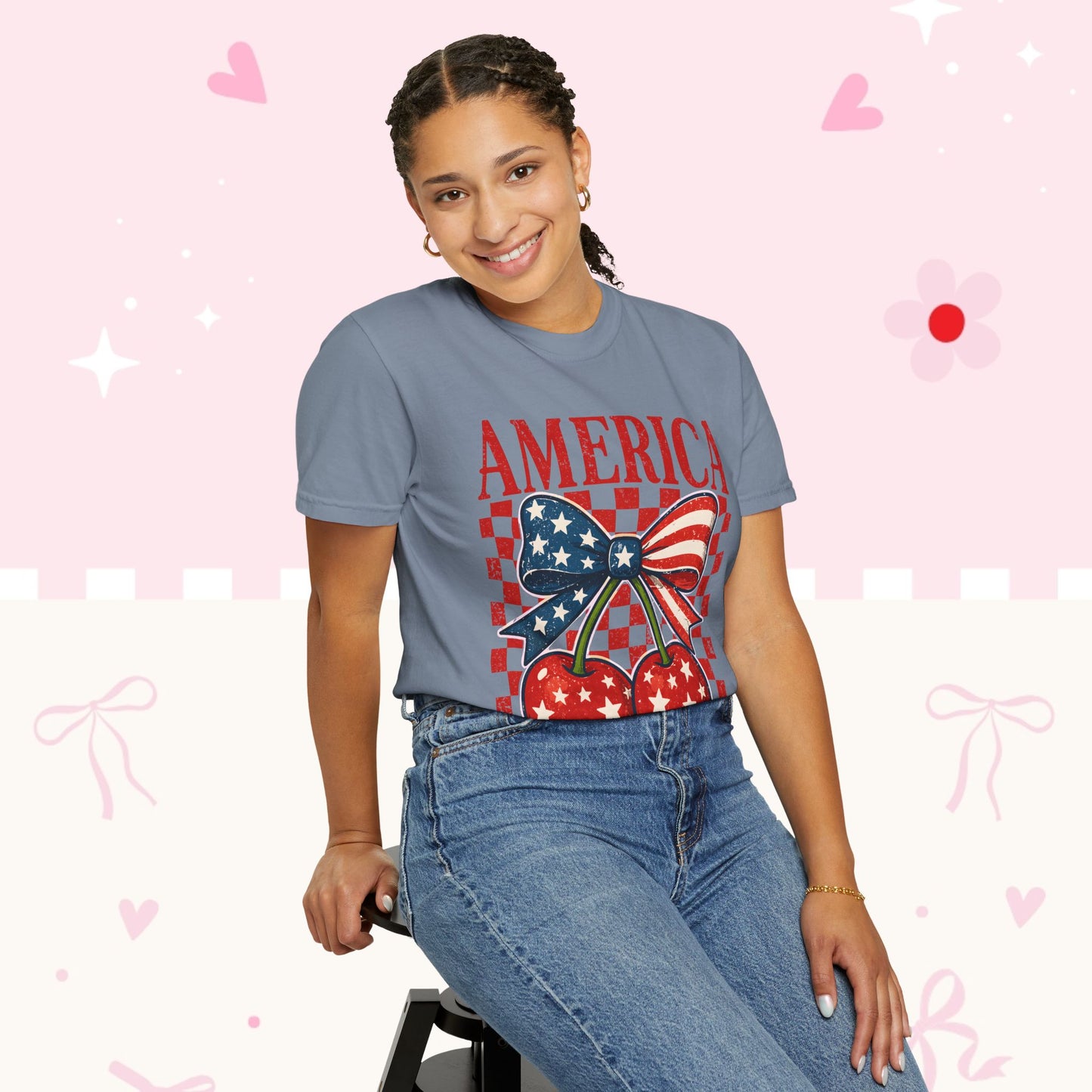 America Cherry Graphic T-Shirt — Patriotic USA Bow Design