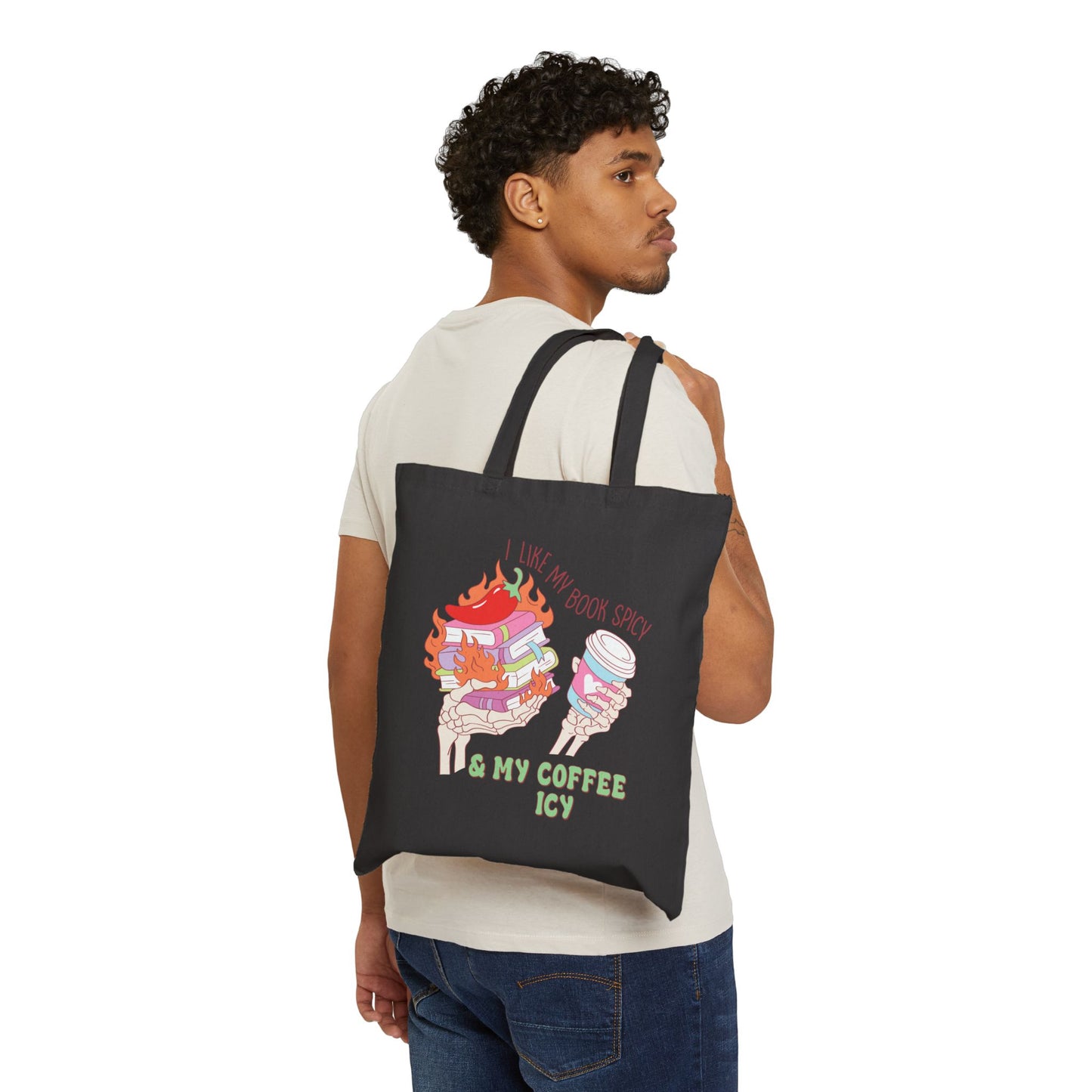 Tote Bag — "I Like My Books Spicy & My Coffee Icy" Illustrated Canvas Tote