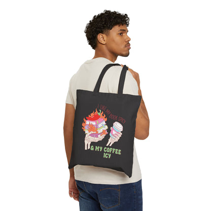 Tote Bag — "I Like My Books Spicy & My Coffee Icy" Illustrated Canvas Tote