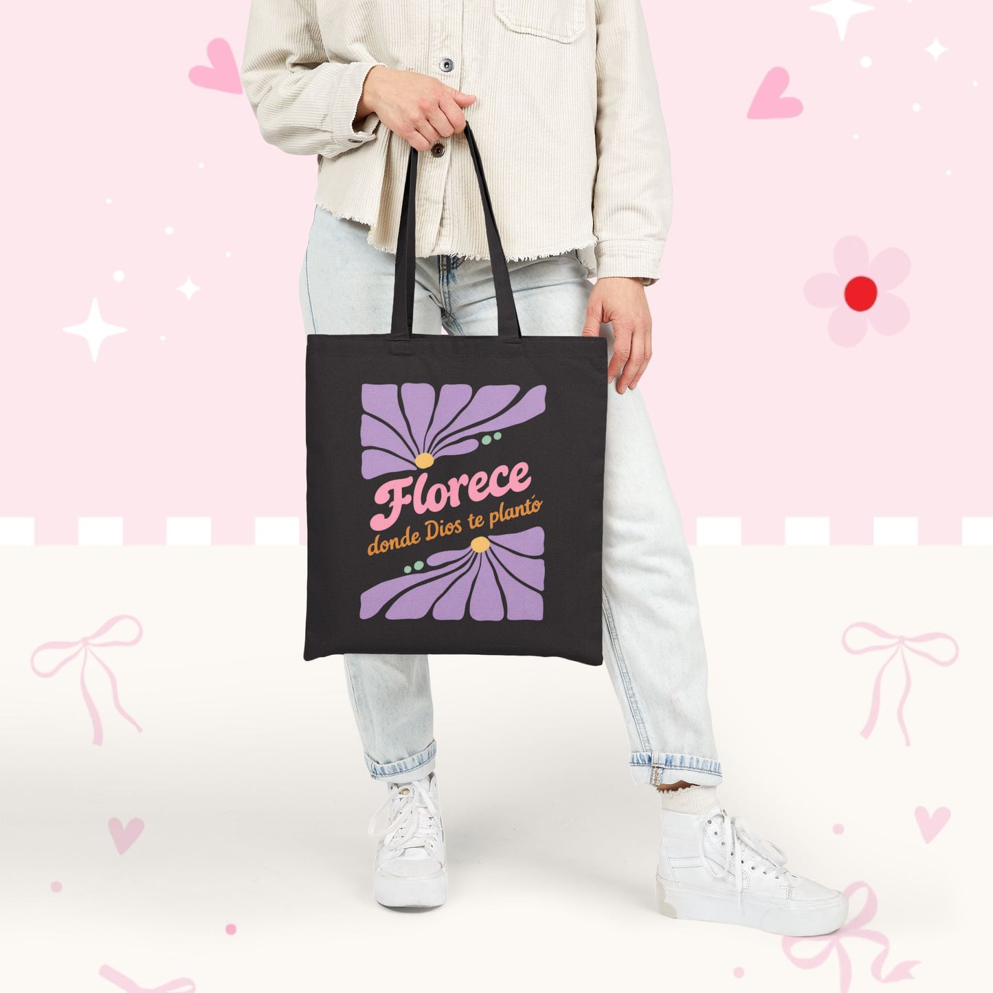 Florece Tote Bag – "Florece donde Dios te planta" Floral Canvas Market Bag