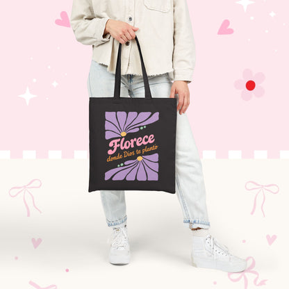 Florece Tote Bag – "Florece donde Dios te planta" Floral Canvas Market Bag