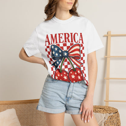 America Cherry Graphic T-Shirt — Patriotic USA Bow Design