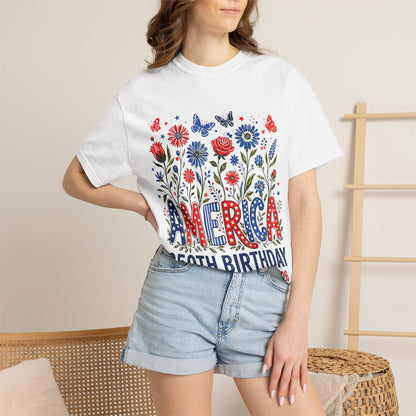 America 250th Birthday T-Shirt — July 4, 1776–2026 Patriotic Floral Tee