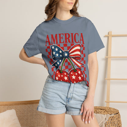 America Cherry Graphic T-Shirt — Patriotic USA Bow Design