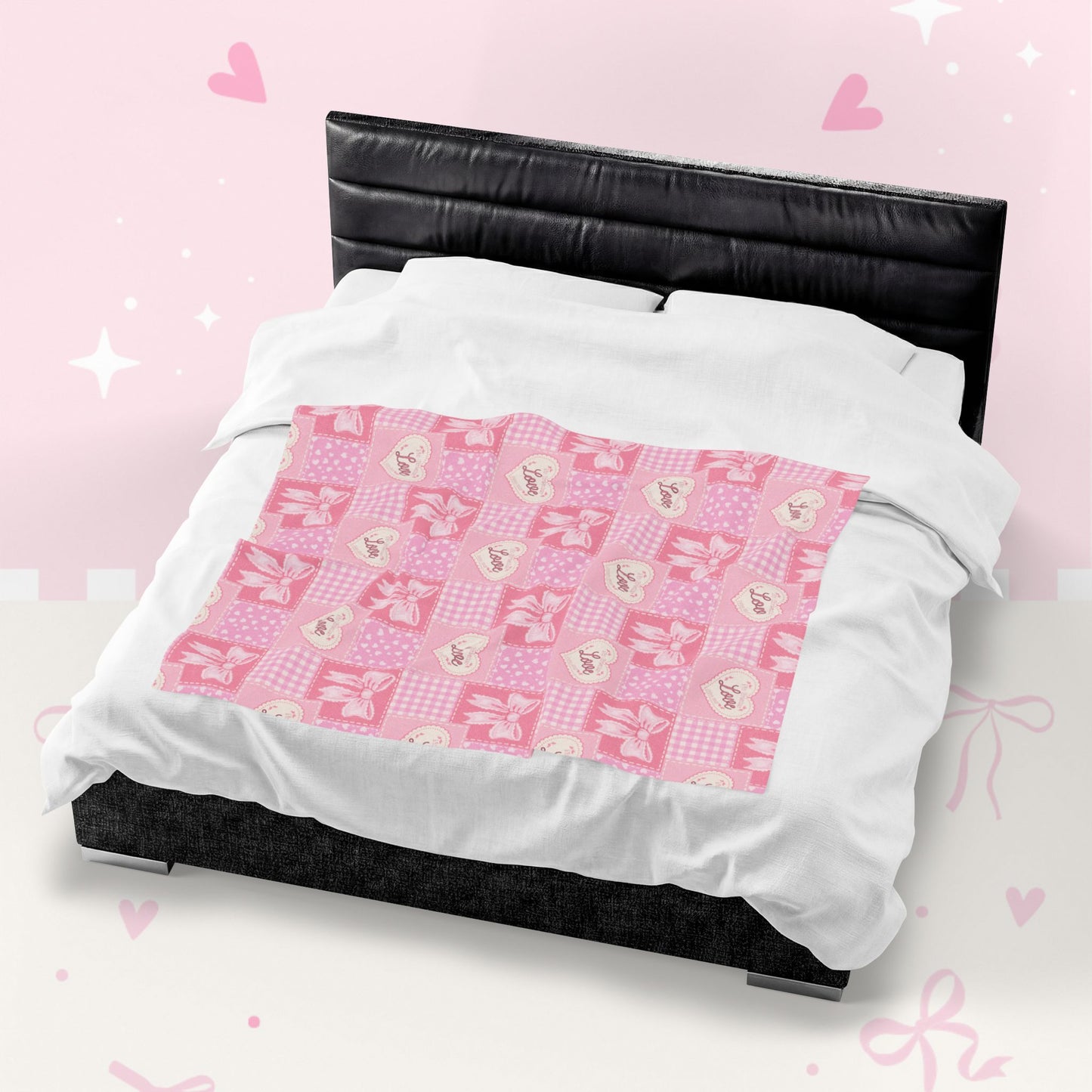 Heart & Bow Pink Velveteen Blanket – 'Love' Patchwork Plush Throw