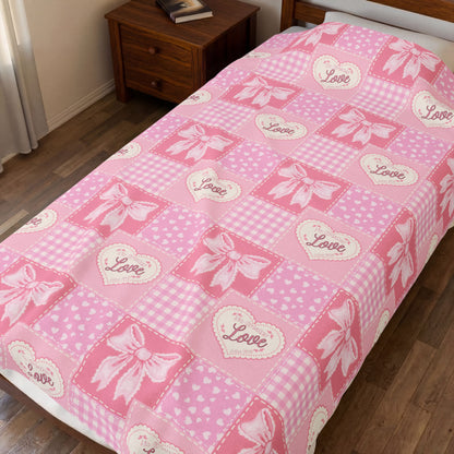 Heart & Bow Pink Velveteen Blanket – 'Love' Patchwork Plush Throw