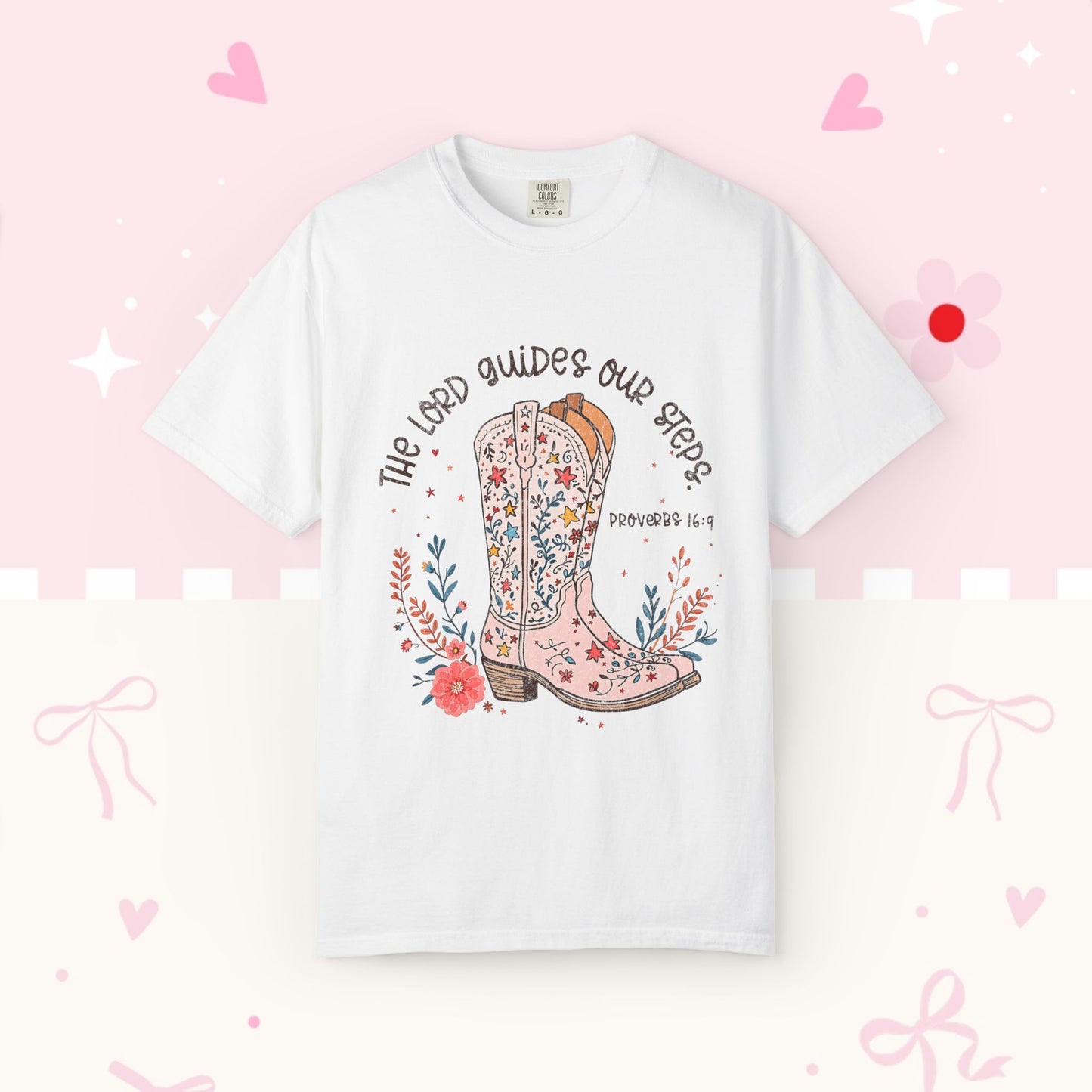 Christian Cowboy Boots T‑Shirt — "The Lord Guides Our Steps" Floral Western Tee