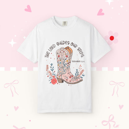 Christian Cowboy Boots T‑Shirt — "The Lord Guides Our Steps" Floral Western Tee