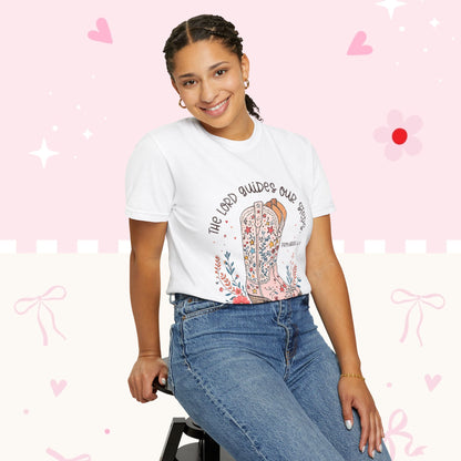 Christian Cowboy Boots T‑Shirt — "The Lord Guides Our Steps" Floral Western Tee