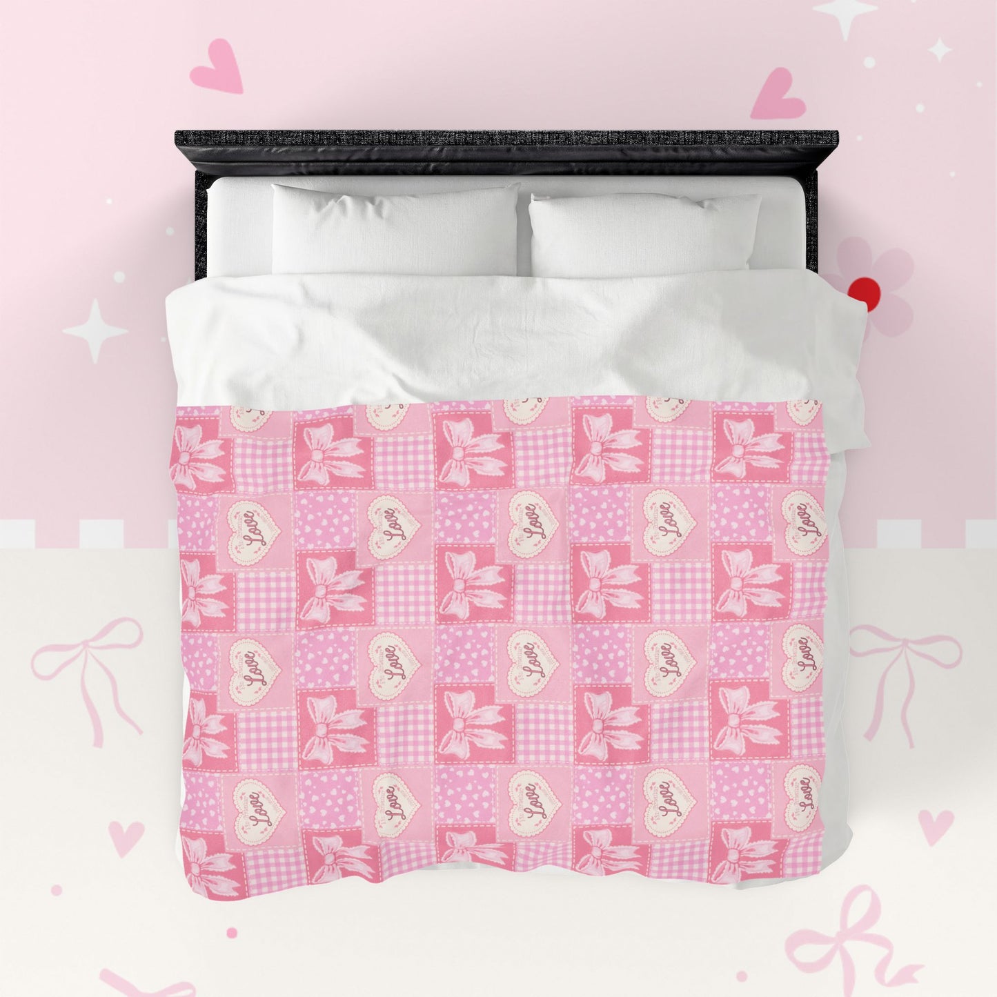 Heart & Bow Pink Velveteen Blanket – 'Love' Patchwork Plush Throw