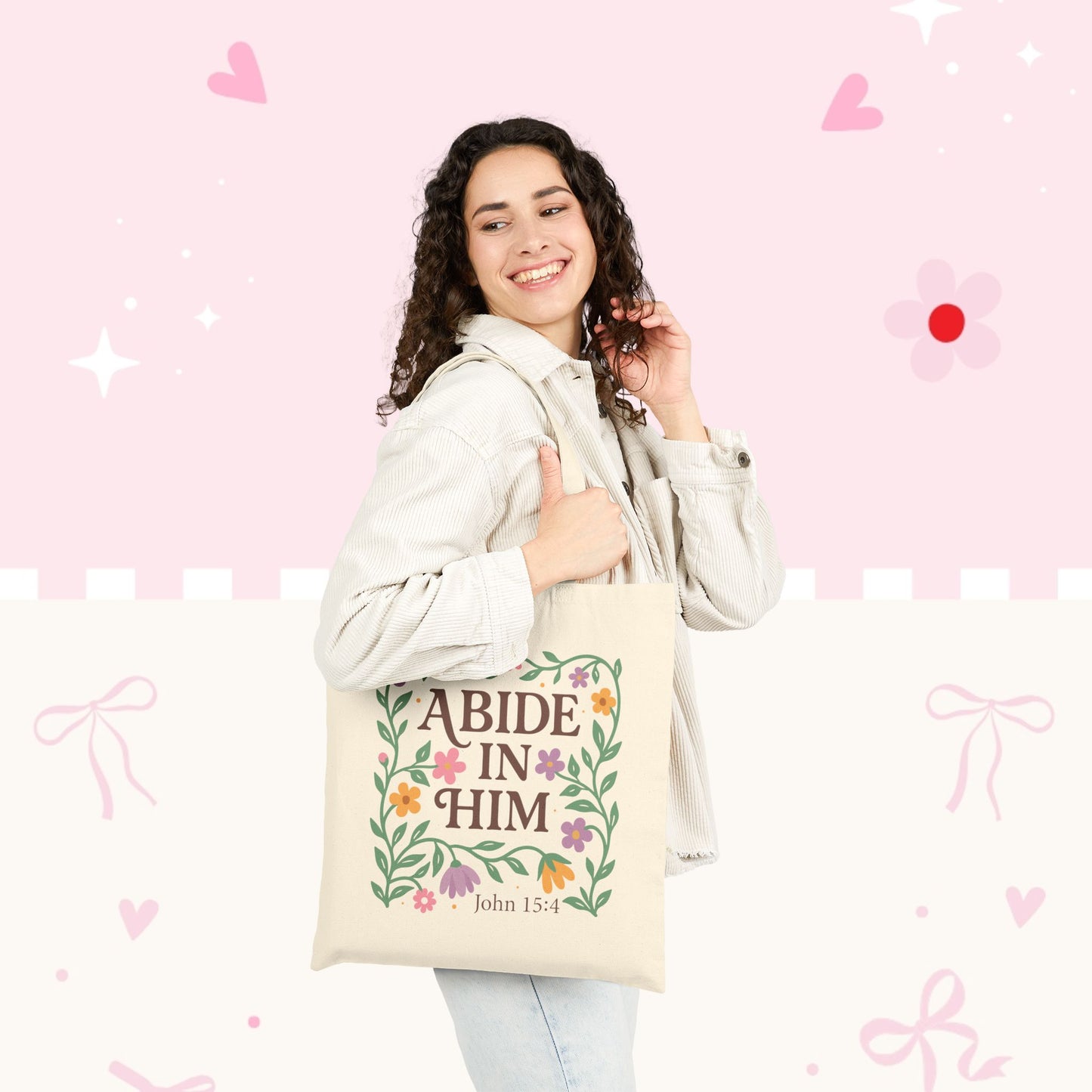 Tote — "Abide in Him" Floral Cotton Tote Bag (John 15:4)