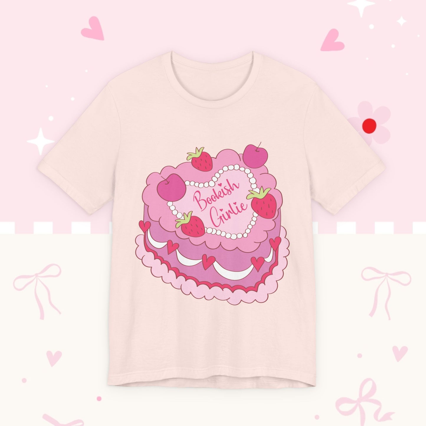 Cake Cutie Tee — “Bookish Girlie” Pink Strawberry Graphic T‑Shirt