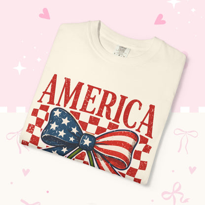 America Cherry Graphic T-Shirt — Patriotic USA Bow Design