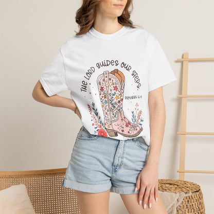 Christian Cowboy Boots T‑Shirt — "The Lord Guides Our Steps" Floral Western Tee