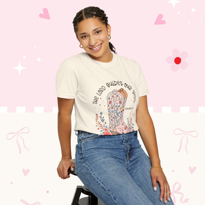 Christian Cowboy Boots T‑Shirt — "The Lord Guides Our Steps" Floral Western Tee