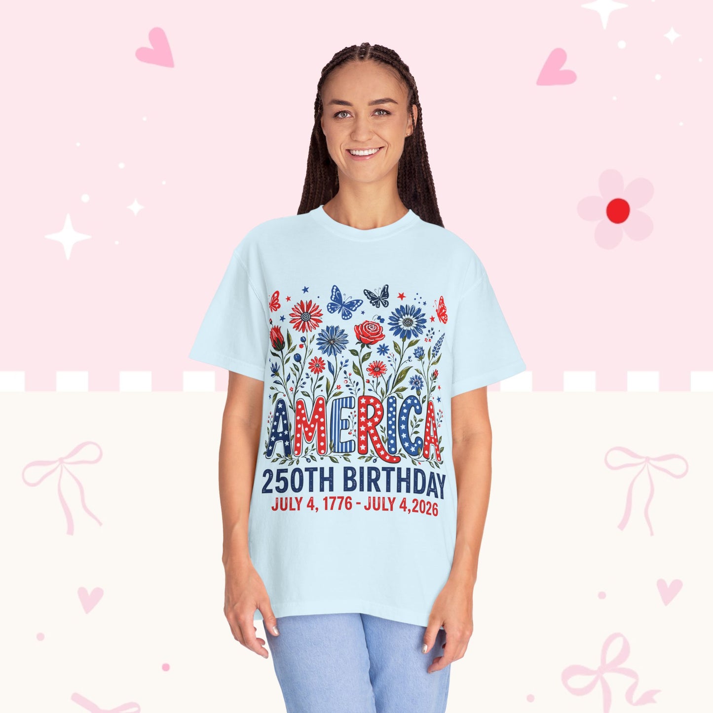 America 250th Birthday T-Shirt — July 4, 1776–2026 Patriotic Floral Tee