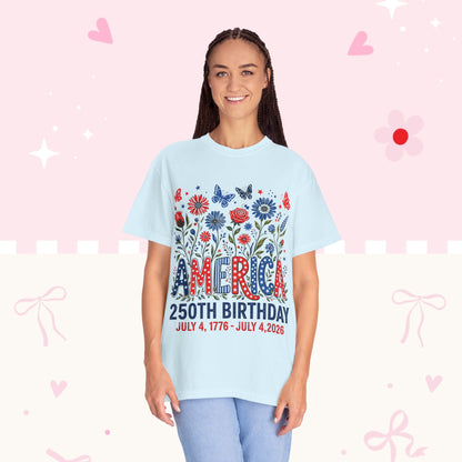 America 250th Birthday T-Shirt — July 4, 1776–2026 Patriotic Floral Tee