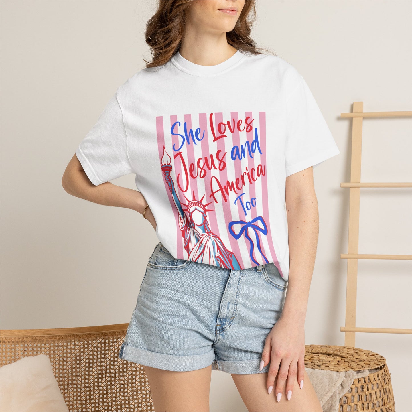 She Loves Jesus and America Too T-Shirt — Patriotic Faith Graphic Tee